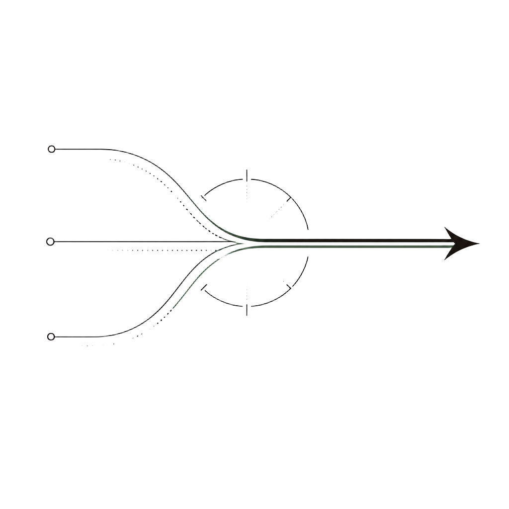 Three diverging paths converging into a single committed direction