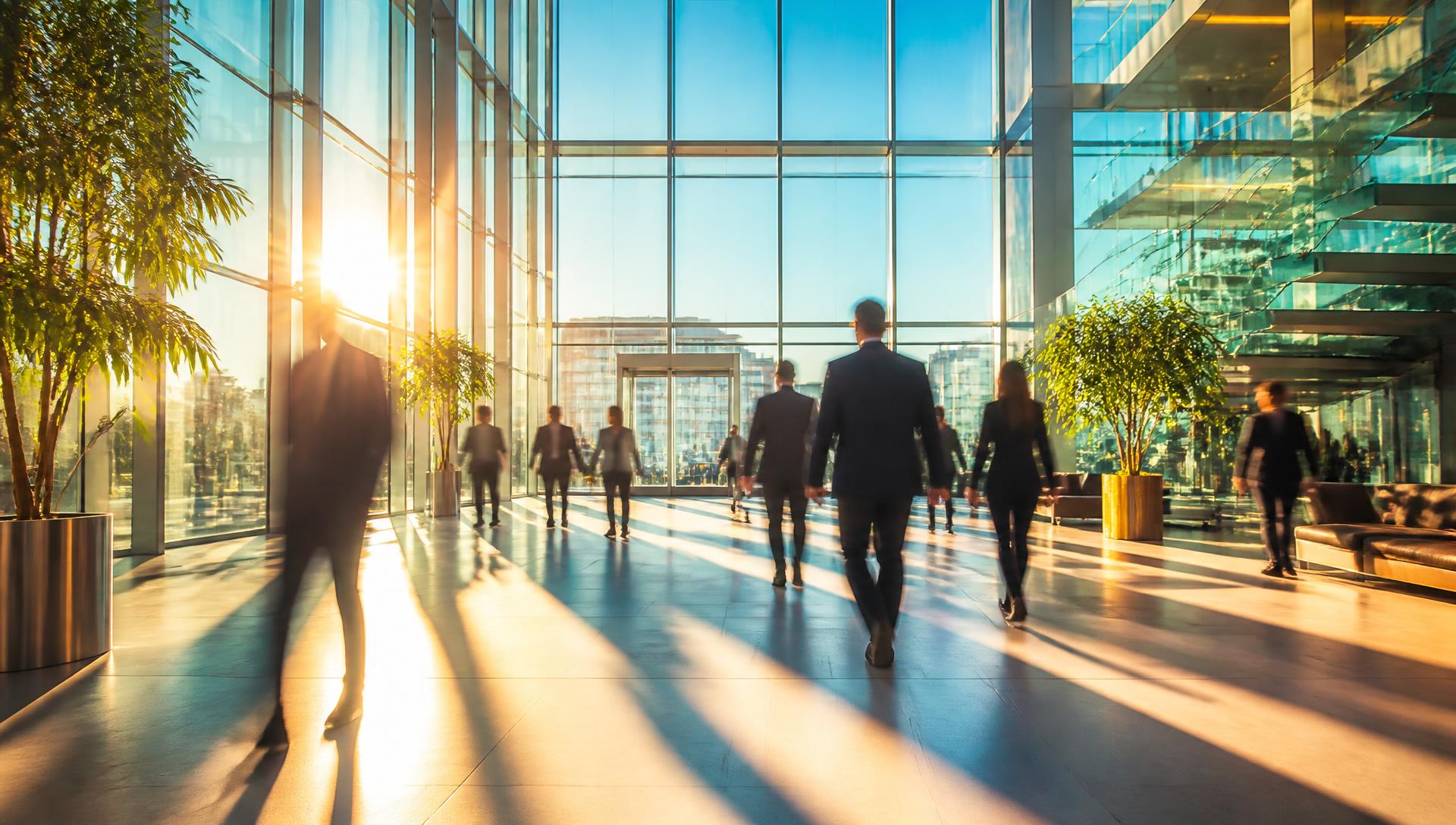 Professionals moving through a sunlit corporate atrium